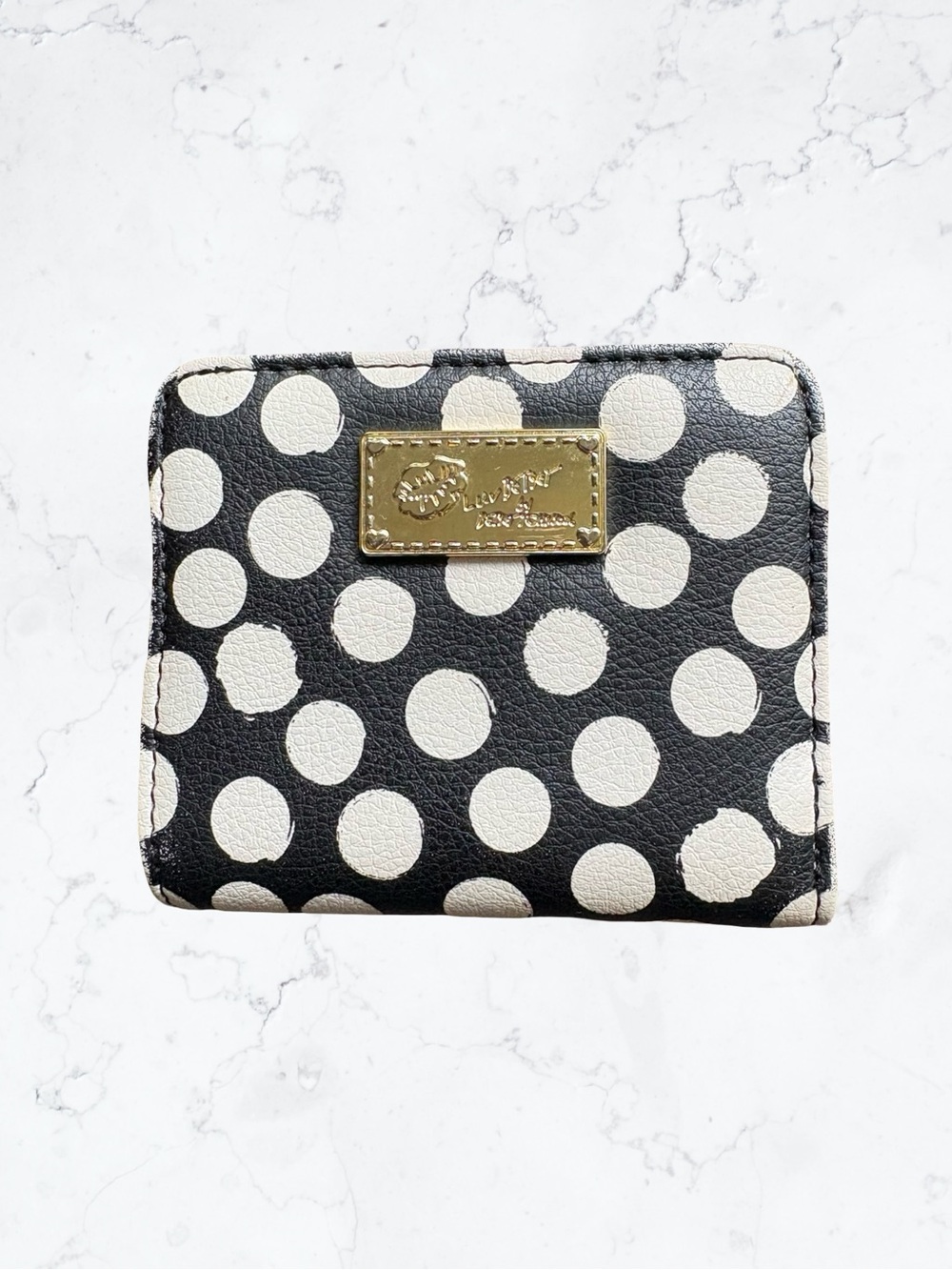 Betsey Johnson Black and White Polka Dot Zip-Around Wallet with Gold Plaque - Picture 1 of 4